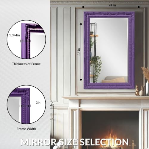 Image of Howard Elliott Collection Queen Ann Rectangular Glossy Royal Purple Wall Mirror, Rectangle Hanging Wood Framed Vanity Mirrors for Home Decor, Living Room, Bathroom, Bedroom, or Hallway, 24 x 36 Inch