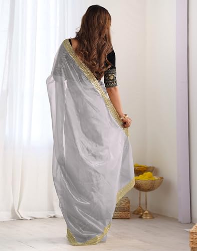 Image of SIRIL Women's Shimmer Net Sequence Embroidery Lace Saree for With Unstitched Blouse Piece