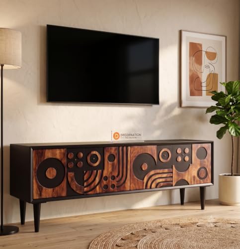 Image of DecorNation Akiwa 62 Inch TV Unit, Sheesham Wood, Black | Carved Door TV Console Cabinet, Storage, Engineered Wood Entertainment Unit, For Living Room