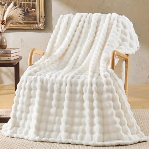Image of BEDELITE Cream White 3D Fleece Bubble Throw Blanket for Couch, 50x60 Inches | Fluffy Blanket for Sofa Bed Dorm Room Decor, Luxury Soft Warm Cozy Plush Fuzzy Throw Blankets Gift for Women, Lightweight