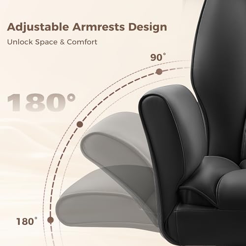 Image of Big and Tall Office Chair, Flip Armrests for Pets & Cross Legged Sitting, Ergonomic Leather Executive Desk Chair with Foot Rest, High-Back Reclining Computer Chairs for Home Office Gaming, Black