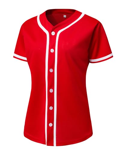 Womens Button Down Red Baseball Jersey, Blank Softball Team Uniform, Hip Hop Hipster Short Sleeve Active Shirts