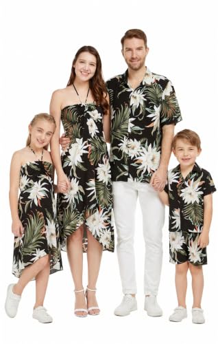 Image of Family Matching Hawaiian Clothes, Wispy Cereus Black | Lightweight 100% rayon • Family matching outfits • Tropical floral print • Beach vacations • Luaus • Cruises • Family photos