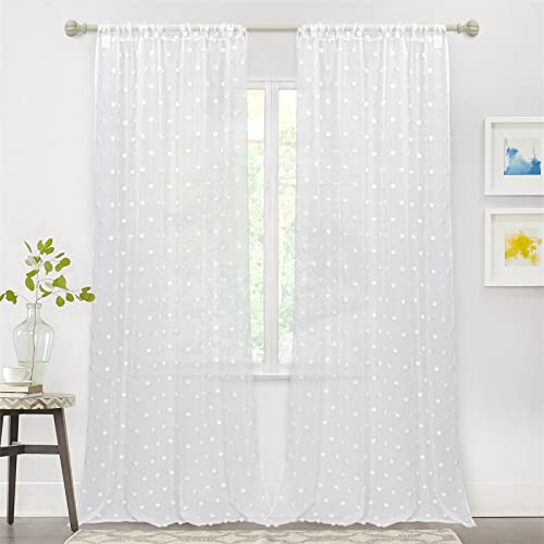 Image of MYSKY HOME White Pom Pom Sheer Curtains for Living Room 95 Inches 2 Pieces | White Sheer Curtain,Large Sliding Door, Curtains for Bedroom, Light Filtering, Rod Pocket, Window Backdrops, 50 x 95 in