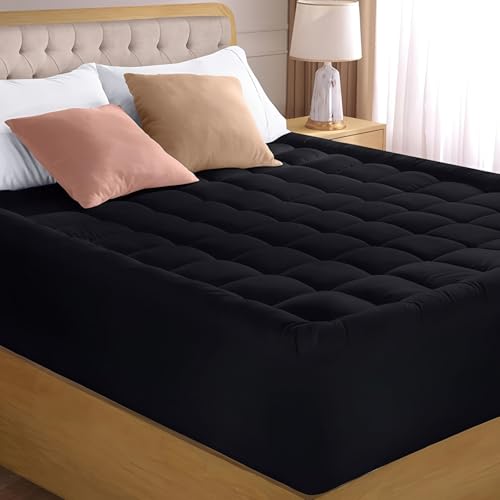 Topper de colchón 1000 gsm, Protector de colchón de Lujo, Cubierta de Cama Acolchada, Pillow Top de Felpa Transpirable con Bolsillos Profundos de 8-17',Negro,California King