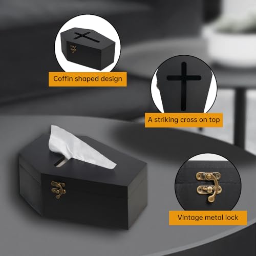 Gothvanity Gothic Coffin Tissue Box Holder - Cross Design Spooky Dark Aesthetic Dispenser, Wooden Black Home Decor, Fits Square & Rectangle Tissues by Gothvanity - Used condition - Image 4