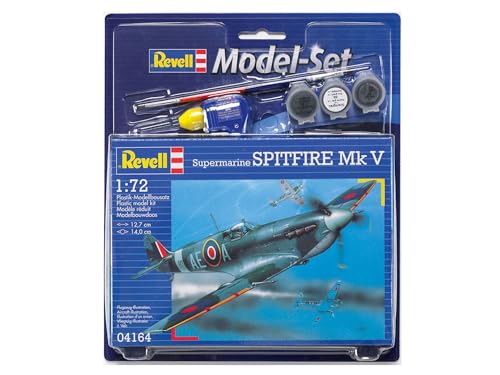 Revell Model Set 64164 Spitfire Mk V 1:72 Scale Unbuilt/Unpainted Plastic Model Kit with Contacta Professional Glue, Paintbrush & Selected Aqua Color Paints