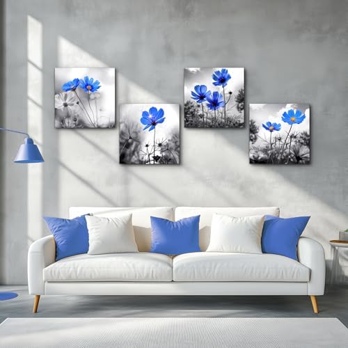 hyidecorart Wall art 4 Panel Modern Salon Theme Black and White Plant The Blue flower Flower Abstract Painting Still Life Canvas Wall Art for Home Decor Flower Canvas Print For Living Room Decor