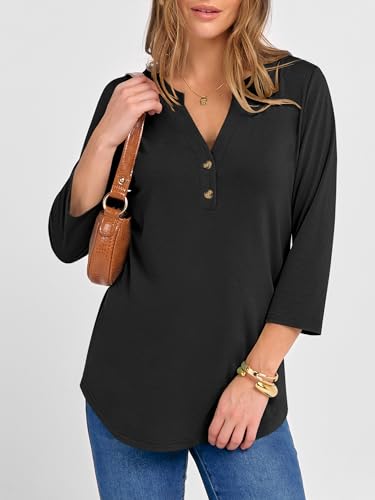 ANRABESS Women 3/4 Length Sleeve Henley Tops V Neck Business Casual Work T Shirts Cute Travel Shirts 2025 Fall Trendy Outfits3