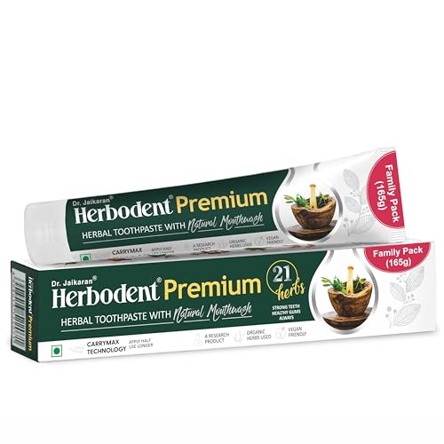Herbodent Pasta de dientes prémium para la prevención de la gingivitis, 165 g, paquete de 1, una mezcla única de 21 hierbas como neem, clavo, canela, cardamomo con enjuague bucal natural, sin