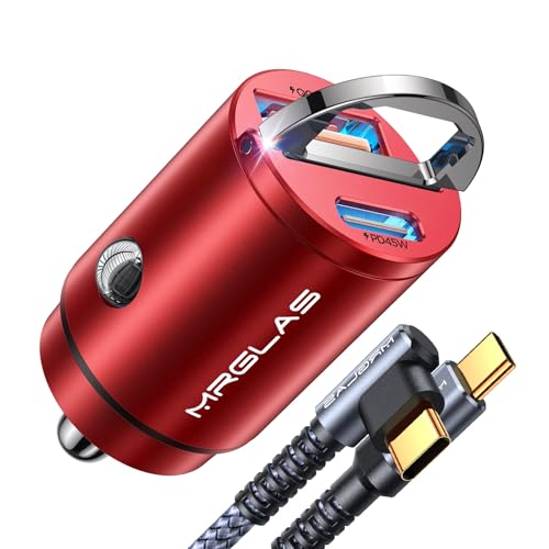 Image of MRGLAS 90W USB C Car Charger Fast Charge, PD45W & QC45W, Flush Fit, Extra 3.3ft Type C Cable, All Metal, Cigarette Lighter USB Charger for iPhone 16 15 Pro Samsung S25 S24 S23 Ultra Pixel 8 /8Pro /7-Red