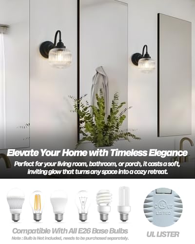 Image of Vintage Industrial Wall Sconce Lighting with Clear Striped Glass Shade, Hardwired Wall Vanity Light Fixture for Bathroom Kitchen Living Room Bedroom Hallway