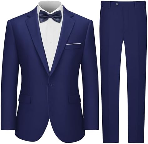 LUPURTY 2 Piece Suits for Men with Bow Tie,Men's Suit Slim Fit,Business Solid One Button Single Breasted Tuxedo Blazer Pants Set,Navy M