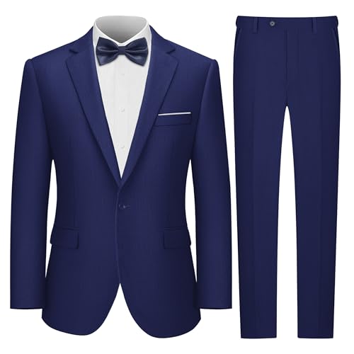 LUPURTY 2 Piece Mens Suit Slim Fit One Button Tuxedo Set Jacket & Pants with Bow Tie for Wedding Party Business & Prom Navy Blue M