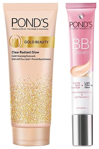 Image of POND'S Gold Beauty Gold Cleansing Face Wash, 24K Pure Gold, 100 g & POND'S BB+ Cream, Instant Spot Coverage + Light make up Glow, Light, 18 g