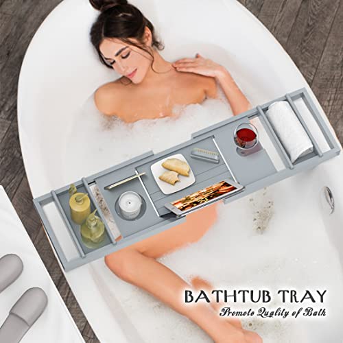 Bath Caddy Tray For Bathtub - Bamboo Adjustable Organizer Tray For Bathroom With Soap Dish Suitable For Luxury Spa Or Reading(Bluish Grey) #TOP2