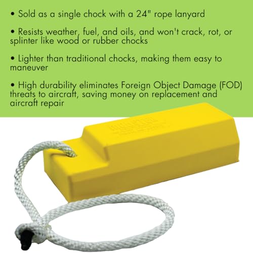 Image of Checkers 12 inch Airplane Chocks, Aviation Wheel Chocks for Small to Mid-Sized Aircraft, One Tire Chock for Polished Hangar Floors with Rope Lanyard, Durable Lightweight Urethane, Yellow, AC3512-RP-S