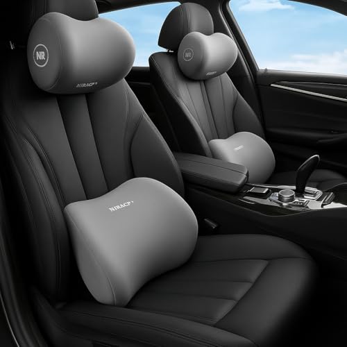 Image of Memory Foam Cars Neck and Lumbar Support Pillow, Removable Cover, Head Rest Support for Cars, Office Chair, Black, 1 Pack (Neckrest & Backrest (Gray))