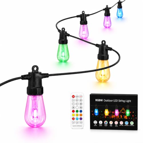 QynXelZ Outdoor String Lights for Patio,50FT RGBW App Remote,20 Bulbs