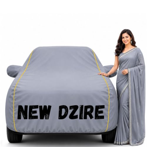 Image of Waterproof Car Body Cover for Dzire 2017-24 All Weather Protection Comes with Inner Cotton Lining & Triple Stitched with Mirror & Antenna Pocket Belt & Elastic Fit Grey with Yellow Piping2