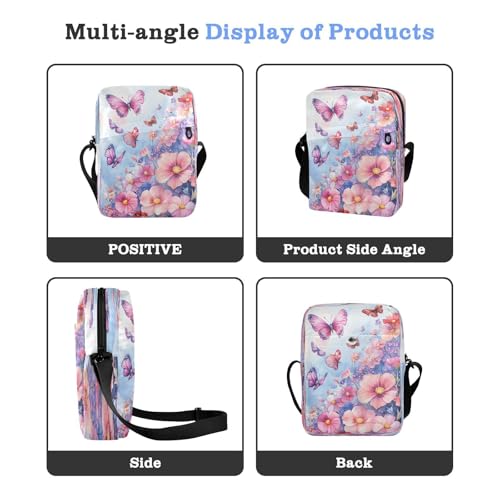 Crossbody Bag Butterfly Pink Purple Flowers Messenger Bag for Women Men Purse Shoulder Bag Satchel Bag with Adjustable Strap 202b68804
