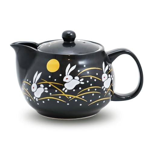 COTONOHA Kutani Ware - Tetera con diseño de conejo saltador, 360 ml, Kyusu de cerámica japonesa con colador de acero inoxidable para té de hojas sueltas