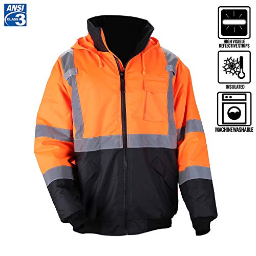 Men's ANSI Class 3 Hi Vis Safety Bomber Jacket Concealed Hood Waterproof Full