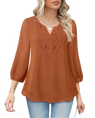 VALOLIA Women's Casual 3/4 Sleeve Chiffon Blouses V Neck Layered Embroidery Tunic Shirts2