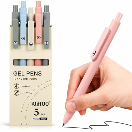 Image of KLIFFOO Refillable & Retractable Gel Pens, 5pcs 0.5mm Fine Point Black Ink Smooth Writing Gel Pen for School & Office Supplies, Quick Dry No Smudge, Ballpoint Pen For Journaling, Note Taking,Doodling