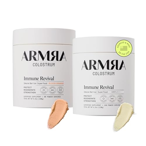 ARMRA Colostrum™ Premium Powder, Grass Fed, Gut Health Bloating Immunity Skin & Hair, Contains 400+ Bioactive Nutrients, Potent Bioavailable, Keto, Gluten & Fat Free (Unflavored and Blood Orange Jars)