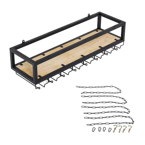 YUJEYHD Porte-Verres et Rangement Bouteilles Suspendu au Plafond, Support à Verres à Pied avec Chaîne Réglable, Étagère de Décoration Rustique pour Bar,...