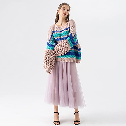 Chicwish Women's Comfy Casual Pink Blue Stripe Pom-Pom Bubble Sleeve Hand-Knit Chunky Sweater Pullover #TOP5