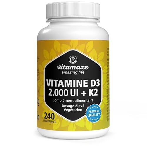 Vitamaze® Vitamine D3 K2 All-Trans MK-7 hautement dosée, 2000 UI de vitamine D3 + 100 mcg de vitamine K2, 240 comprimés de vitamine D sans additifs inutiles, fabriqués en Allemagne