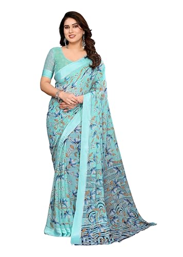 ETHNICMODE sari índio mulher estampado Georgette Light Weight Party Turquiose Saris With Unstitched Turquiose Blouse Piece-1205