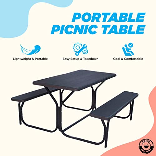 Chefq All Weather Outdoor Picnic Table With Two Benches And Sturdy Steel Frame. Perfect For Lawns, Patio, And Poolside Dining Black #TOP5