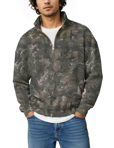 MSBESYOR Mens Camo Quarter Zip Pullover Oversized Fleece Camouflage Print Sweatshirt Polo Long Sleeve Hunting Sweater