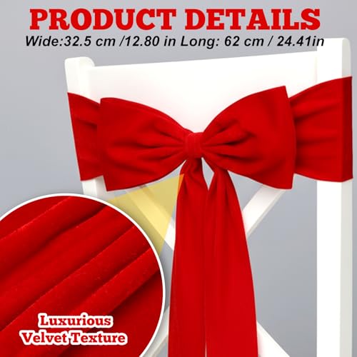 Suncalla 10 Pcs Christmas Velvet Chair Decoration Red Bows Velvet Chair Sashes 24 x 13\'\' Christmas Elastic Reusable Back Ribbon Bows Cover for Xmas Wedding Events Ceremony Reception Party Supplies