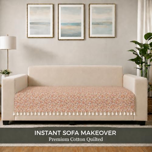 Image of STITCHNEST 'Frostvine Collection' 2 Seater Sofa Cover| Cotton Quilted Fabric, Decorative Tassels, Washable & Durable for Modern Living
