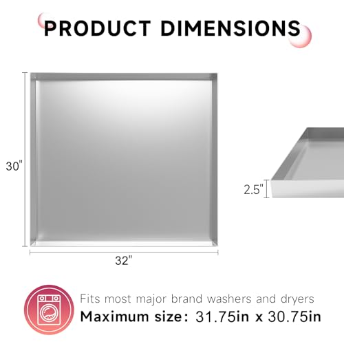 DPZM 32 x 30 x 2.5 Inch 304 Stainless Steel Washing Machine Drain Pan, Heavy Duty Steel Compact Washer Drip Tray, Washing Machine Tray No Leak Protecting The Floor (No Hole) by DPZM - Image 2