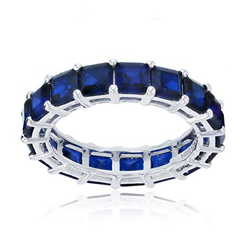 Sterling Silver Rhodium Polished 4mm Sapphire Princess Cubic Zirconia Eternity Band for Women | AAA Cubic Zirconia Spinel Gemstone Engadgement Wedding Ring | Sizes 5-10