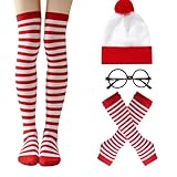 Juego de disfraz de Wally MEISH Juego de 4 piezas de disfraz de Wally con gorro, gafas y guantes a rayas rojas y blancas, calcetines altos hasta la rodilla, disfraz de cosplay para adultos, fiesta de Halloween