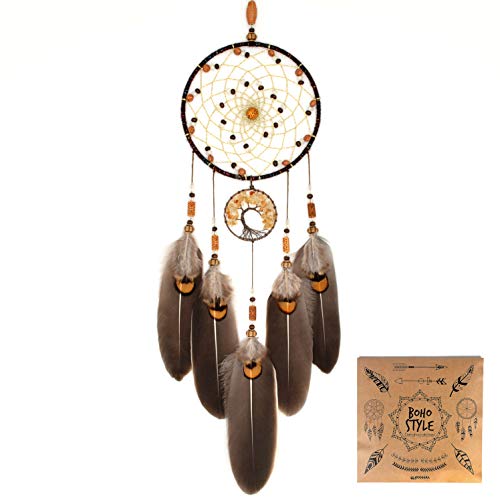Urdeoms Brown Dream Catchers Tree of Life Boho Dreamcatcher for Bedroom Adult with Feathers and Citrine Crystal Wall Hanging Decor for Home Festival Blessing Gifts 18" Length (NO.11)