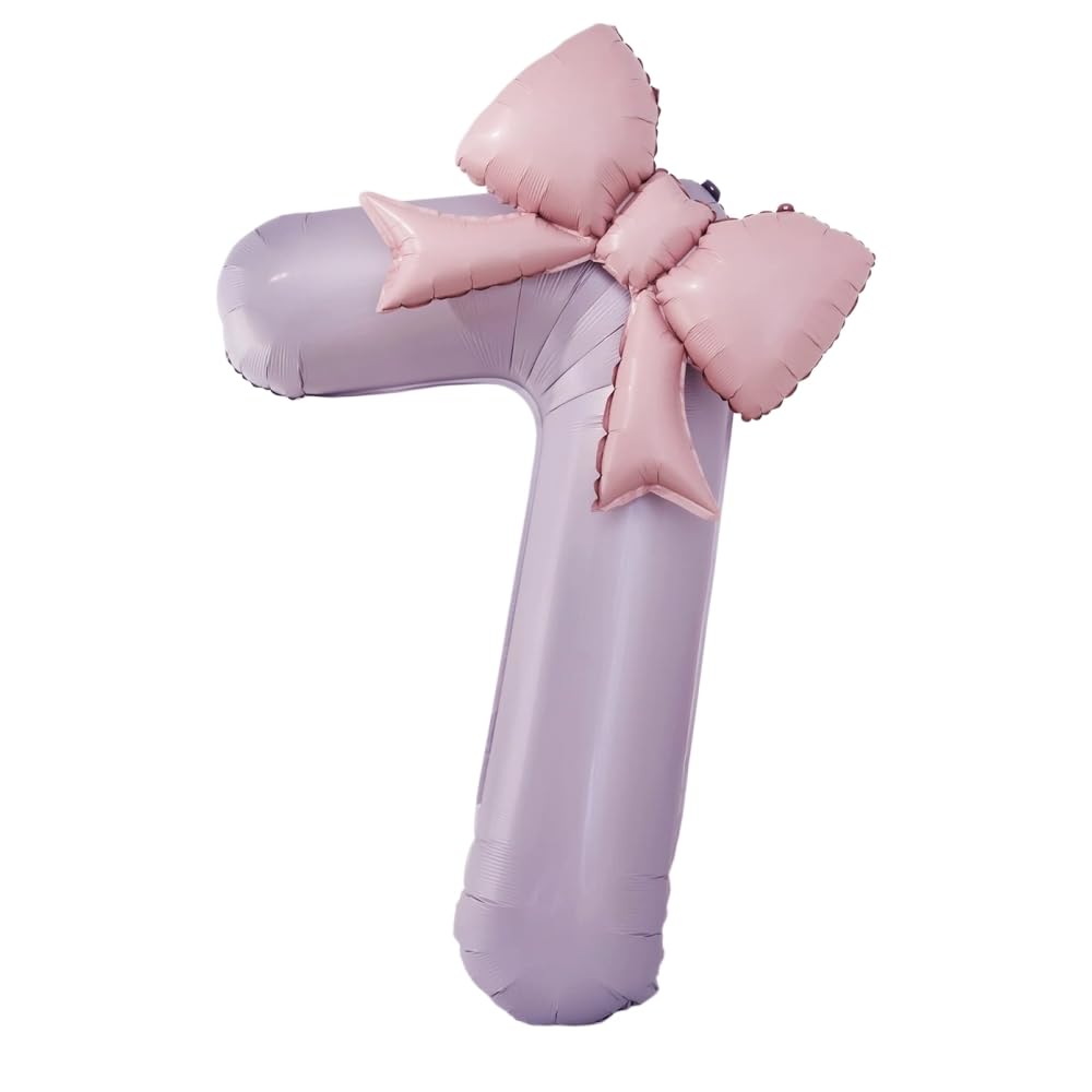FASHION YO 40'' Pink Number with Bow Balloon, Self Inflating Foil Light Pink Set 0-9, Pastel Pink Helium Balloon for Girls Birthday Party Decorations Anniversary Supplies (Purple, Number 7)