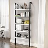 DKLGG 5-Tier Book Shelf Rack Against The Wall, Tall Ladder Shelf Wooden Bookcase Metal Frame Storage Plant and Flower, Single Standing Bookshelf Ladder ​for Living Room, Bedroom, Balcony, Home Office