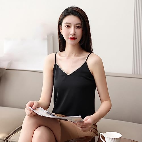 Chaleco con cuello en V para mujer top holgado de satén negro elegante