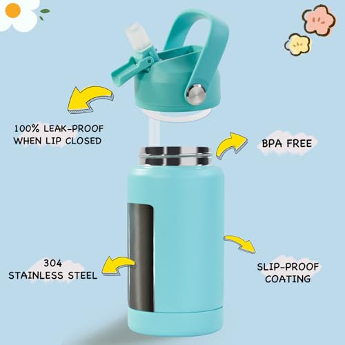 Kerilyn 12oz Insulated Water Bottle For Kids, Stainless Steel Insulated Kids Water Bottle, Toddler Cup With Straws Leak-proof, Kids Water Bottles For School Boys Girls, BPA Free, Green
