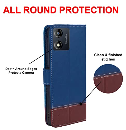 Image of Flip Back Cover Case Dual-Color Leather Finish Inbuilt Stand & Pockets Wallet Style Flip Case for Motorola Moto E13 - Blue & Brown