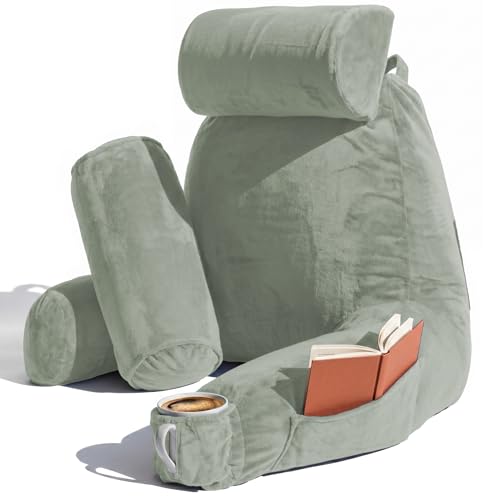 Image of Nestl Reading Pillow with Shredded Memory Foam Includes 2 Neck and Lumber Support Pillows, Designed for Sitting Up in Bed and Couch, Back and Arms Adjustable Support for Adult & Teens, Sage Green