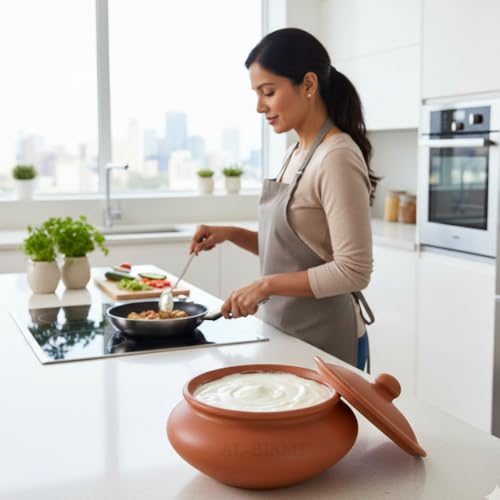 Image of AL-BISMI 1.3 Liter Chini Mitti Ke Bartan Clay Cooking Pot with Lid, Earthen Curd Pot, Biryani Handi, Curd Maker