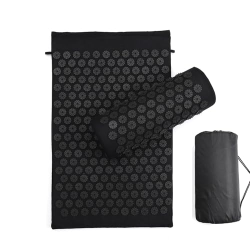 マッサージャークッション マッサージヨガマット 鍼灸マッサージマット 指圧 ストレス解消 背中の痛み スパイクマット 枕付き専用ケース付き (黒)